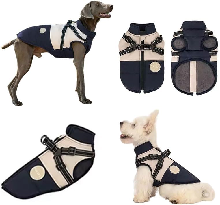 کاپشن سگ V-PET Elite Comfort مدل هارنسدار | لباس زمستانی ضدآب و گرم با قلاده داخلی قابل تنظیم و نوار شبتاب (سایز M و S)