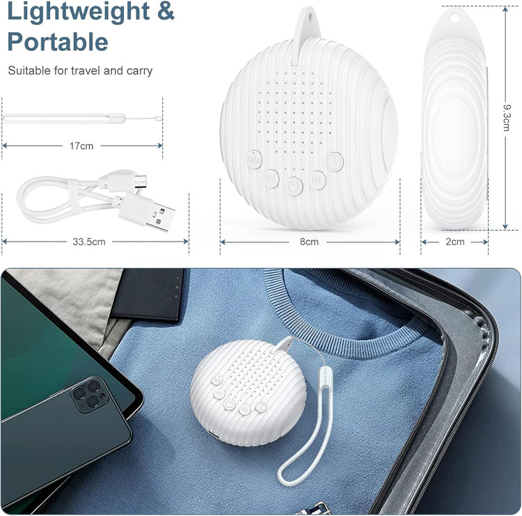 دستگاه تولید نویز سفید، قابل شارژ با USB، دارای ۱۰ صدای آرامبخش، مجهز به تایمر و قابلیت ذخیرهسازی تنظیمات، دستگاهی قابلحمل مناسب برای کودکان، بزرگسالان و استفاده در منزل