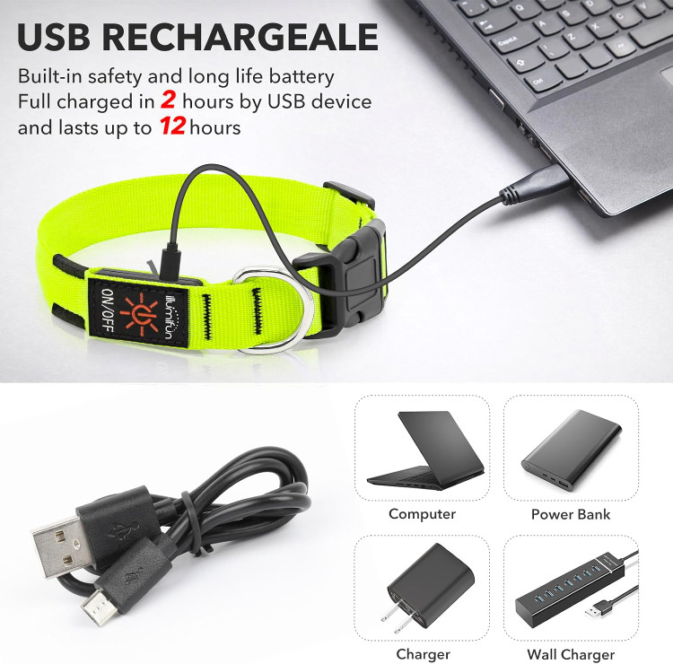 قلاده سگ چراغدار Illumifun، قلاده LED قابل شارژ با درگاه USB-C و درخشان در تاریکی، مجهز به چراغهای ایمنی قابل تنظیم برای پیادهروی شبانه حیوانات خانگی (سبز، سایز متوسط)