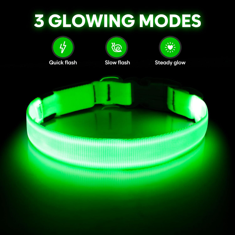 قلاده سگ چراغدار Illumifun، قلاده LED قابل شارژ با درگاه USB-C و درخشان در تاریکی، مجهز به چراغهای ایمنی قابل تنظیم برای پیادهروی شبانه حیوانات خانگی (سبز، سایز متوسط)