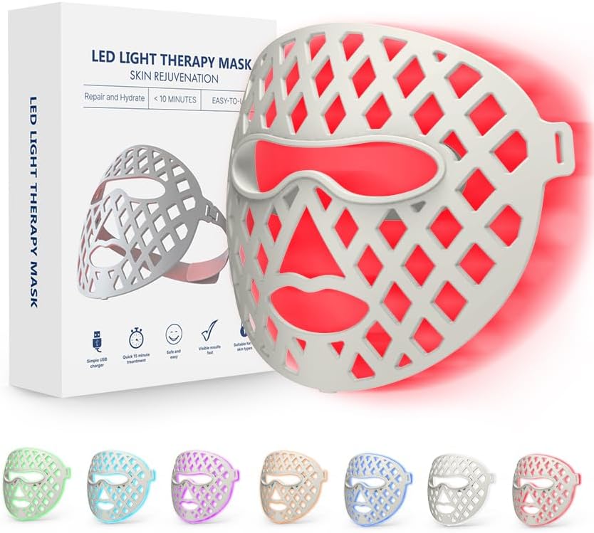 ماسک صورت LED، دارای نوردرمانی (۷ رنگ مختلف) و ۵ سطح روشنایی؛ ماسک LED قابل تنظیم مناسب برای درمان آکنه، کاهش چین و چروک و جوانسازی پوست جهت مراقبت از پوست در منزل