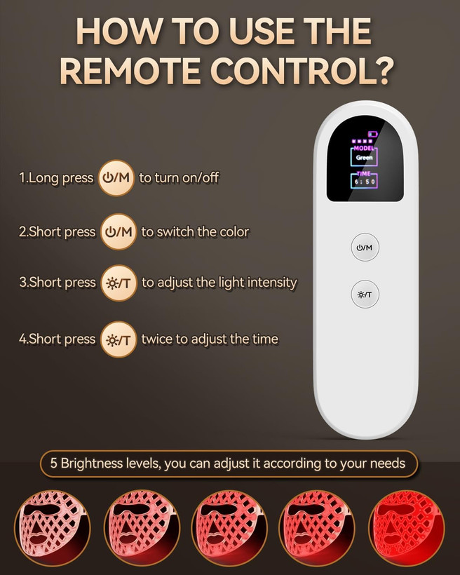 ماسک صورت LED، دارای نوردرمانی (۷ رنگ مختلف) و ۵ سطح روشنایی؛ ماسک LED قابل تنظیم مناسب برای درمان آکنه، کاهش چین و چروک و جوانسازی پوست جهت مراقبت از پوست در منزل