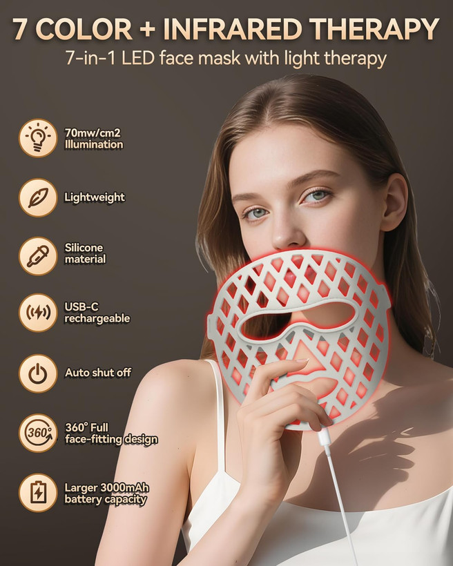 ماسک صورت LED، دارای نوردرمانی (۷ رنگ مختلف) و ۵ سطح روشنایی؛ ماسک LED قابل تنظیم مناسب برای درمان آکنه، کاهش چین و چروک و جوانسازی پوست جهت مراقبت از پوست در منزل