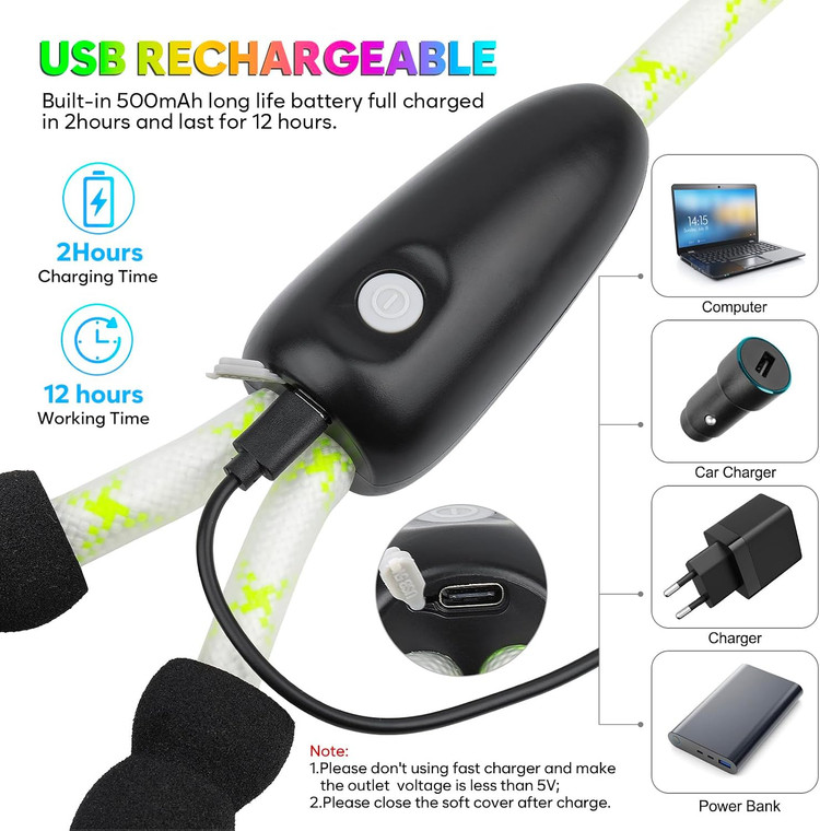 قلاده بند سگ LED ضدآب YFbrite با ۱۵ حالت نورپردازی، شارژی USB-C، طول ۱۵۰ سانتیمتر، چندرنگ و مناسب پیادهروی شبانه