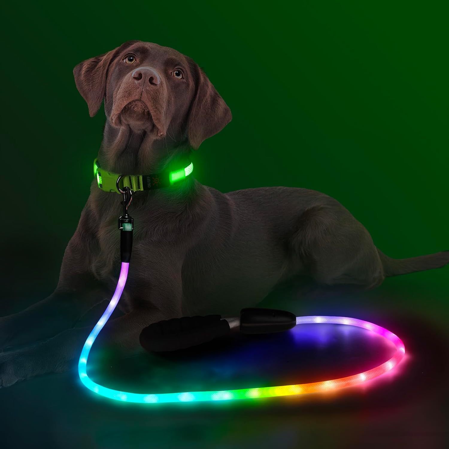 قلاده بند سگ LED ضدآب YFbrite با ۱۵ حالت نورپردازی، شارژی USB-C، طول ۱۵۰ سانتی‌متر، چندرنگ و مناسب پیاده‌روی شبانه