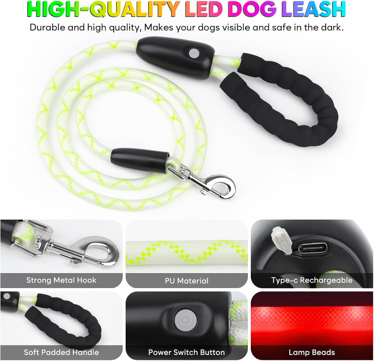 قلاده بند سگ LED ضدآب YFbrite با ۱۵ حالت نورپردازی، شارژی USB-C، طول ۱۵۰ سانتیمتر، چندرنگ و مناسب پیادهروی شبانه